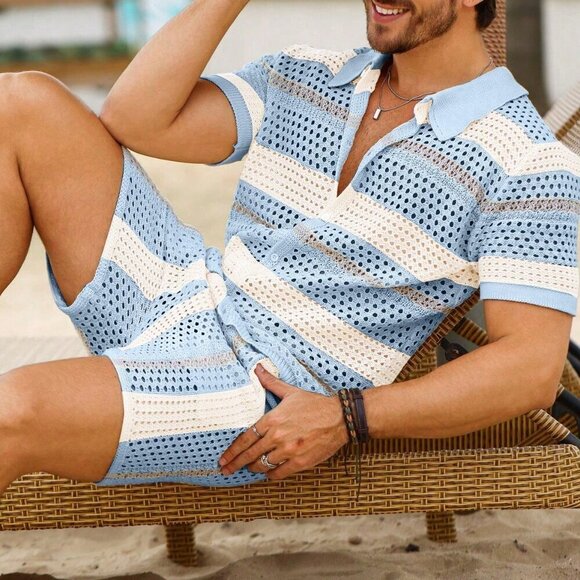 Teal Blue Casual Men's Short Sleeve Crochet Polo Top And Knitted Shorts Set - Picture 1 of 5